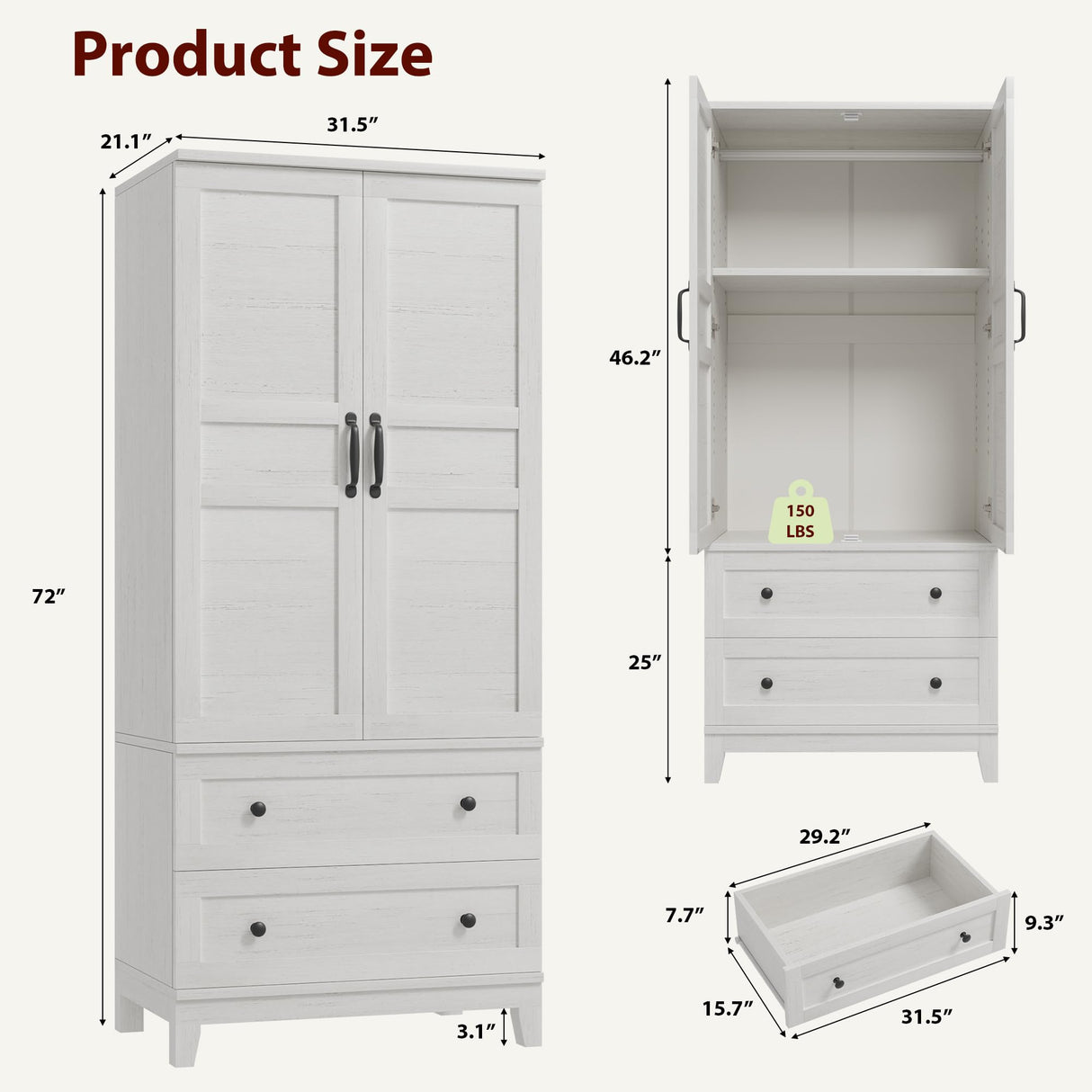 GarveeHome Armoire Wardrobe Closet with 2 Drawers,72 in Wooden Wardrobe Cabinet with Hanging Rod, Tall Clothing Armoire Cabinet with Doors and 18 Adjustable Shelves for Bedroom, Clothes, Rustic White GarveeHome
