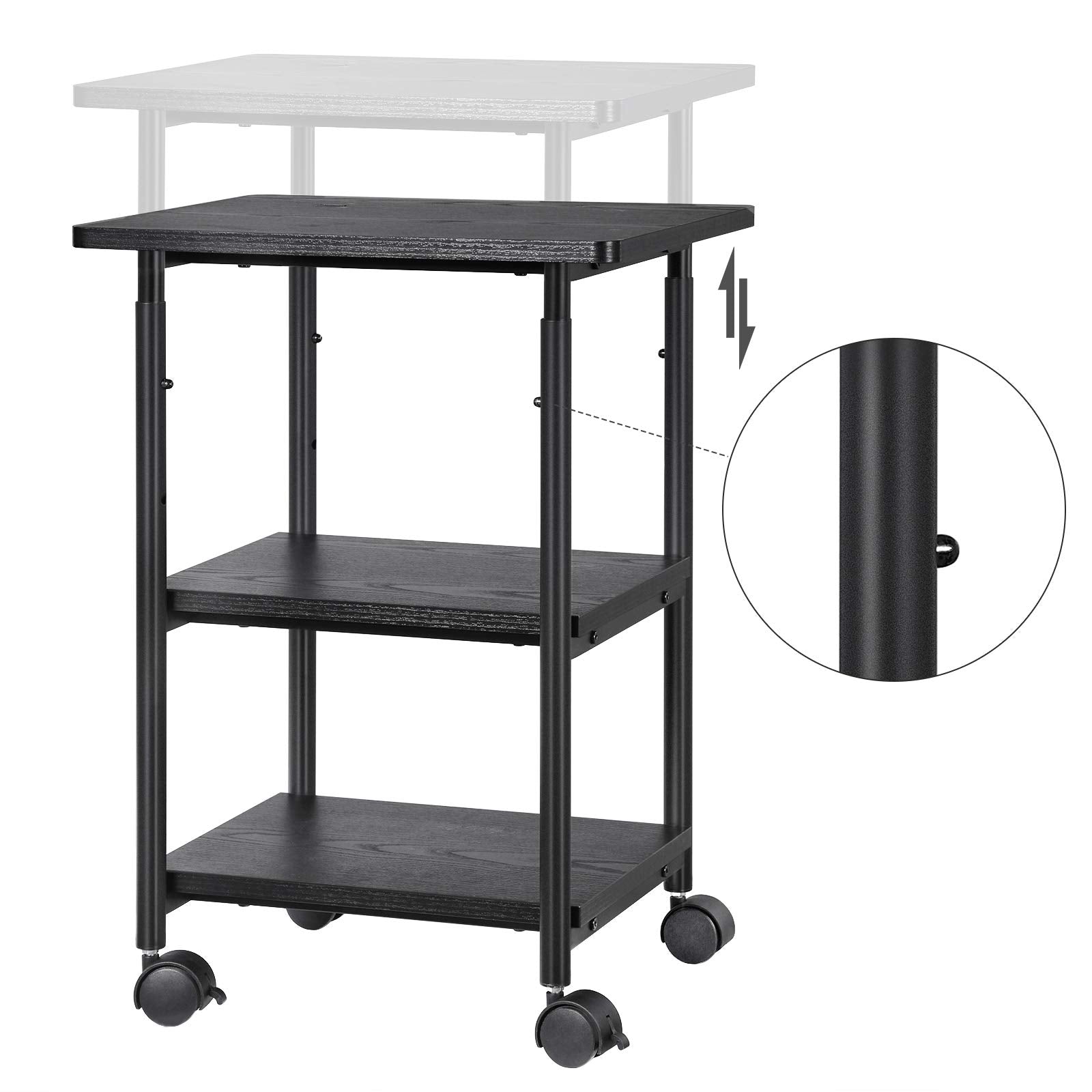 VASAGLE Industrial Printer Stand, 3-Tier Machine Cart with Wheels and Adjustable Table Top, Heavy Duty Storage Rack, Black - WoodArtSupply