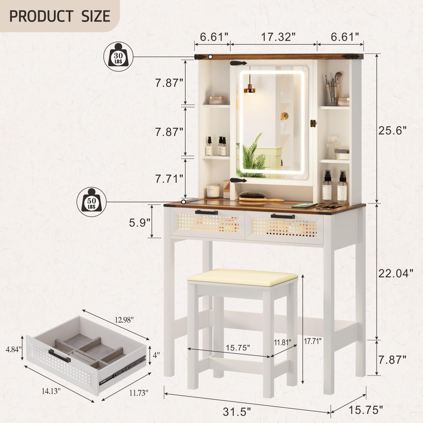 Small Makeup Vanity Desk Set with Light, Farmhouse Vanity Table with LED Lighted Mirror and Charging Station, Antique White Dressing Table with 2 Rattan Drawers and Hidden Jewelry Box for Bedroom