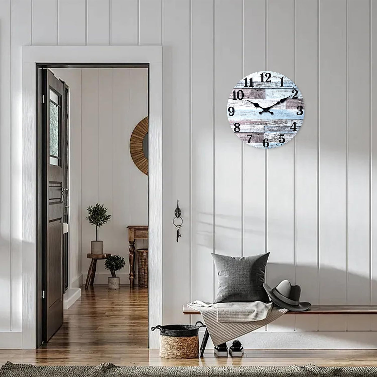 XNM Blue MDF Wood Wall Clock for Living Room - Farmhouse Wall Clocks Battery Operated 12 Inch - Analog Rustic Wall Clock Silent (No Solid Wood) XNM