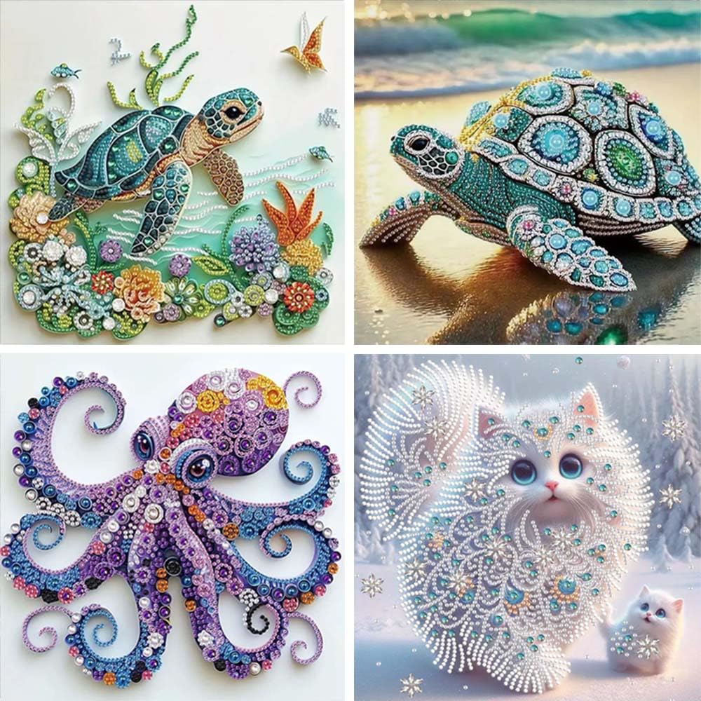 4Pack Diamond Painting Kits For Adults,Sea Turtle Special Shape Diamond Art Kits For Adults Beginners, DIY Diamond Crystal Rhinestones Gem Art Animal Octopus and Cat For Home Wall Decor 12 X 12Inch ZQEATRY