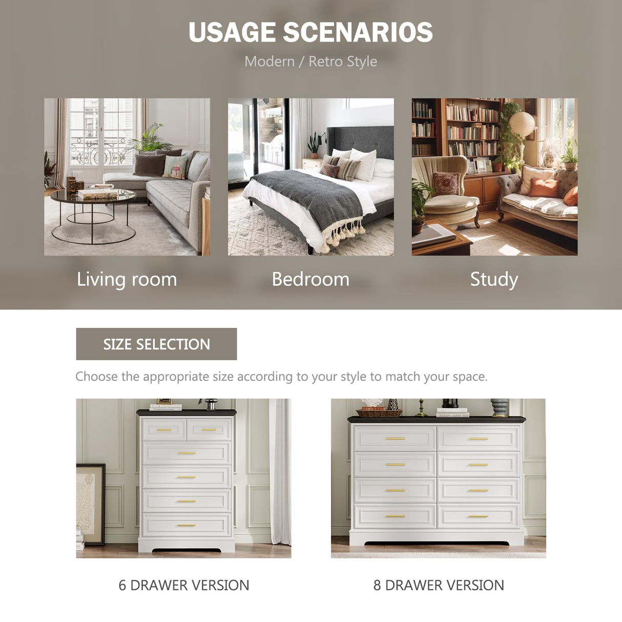 Virabit White Dresser for Bedroom with 6 Drawers, 44" Tall Wooden Farmhouse Cabinet, Modern Kids Dresser with Metal Handle, Mid Century Chest of Organizer for Closet, Living Room, Hallway Virabit