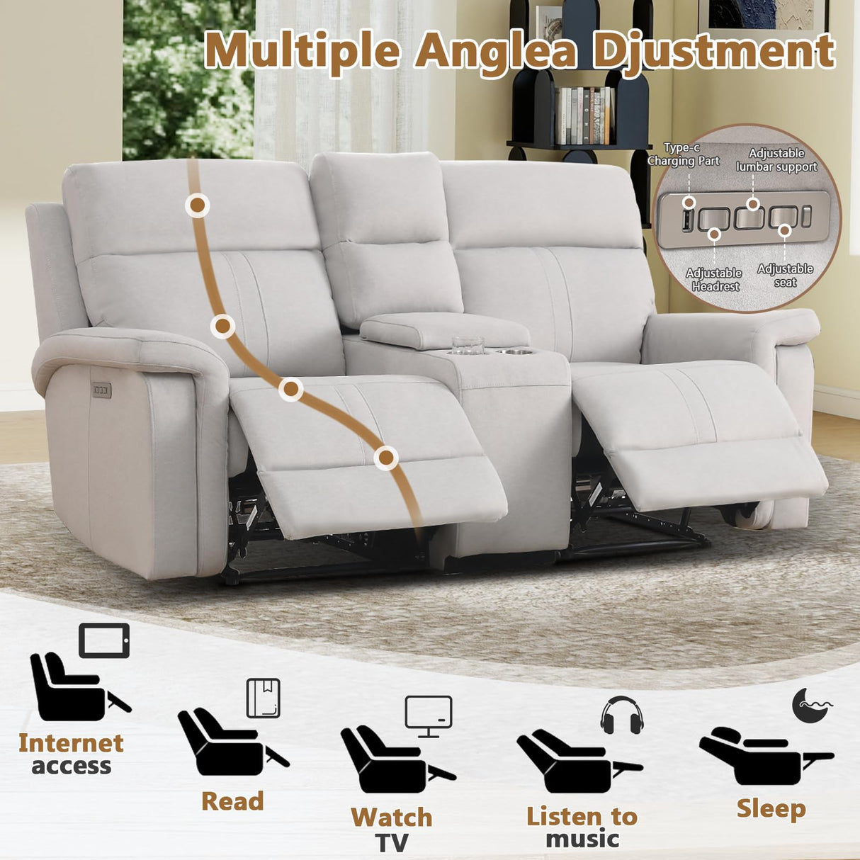 ANJ Beige Power Reclining Loveseat Sofa Couch, Oversized 2-Seater Recliner for Living Room with Overstuffed Armrests, Pet Friendly Small Space Recliner Couch, Full-Body Support Loveseat ANJ