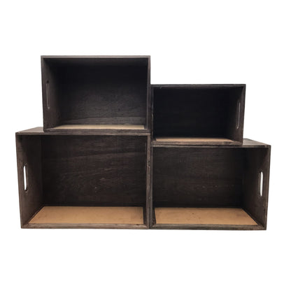 Set of 4 Rustic Brown Wood Nesting Storage Crates | Chalkboard Front Panel | Cutout handles | Ideal for Storage, Decoration, Party , Kitchen, Office and More