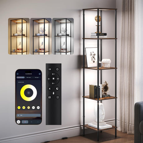 SUNMORY 5 Tier Display Shelf with LED Light, Display Case for Collectibles with App & Remote Control, Display Curio Cabinet with 3 Color Temperatures, Dimmable Floor Lamp with Shelves for Living Room SUNMORY