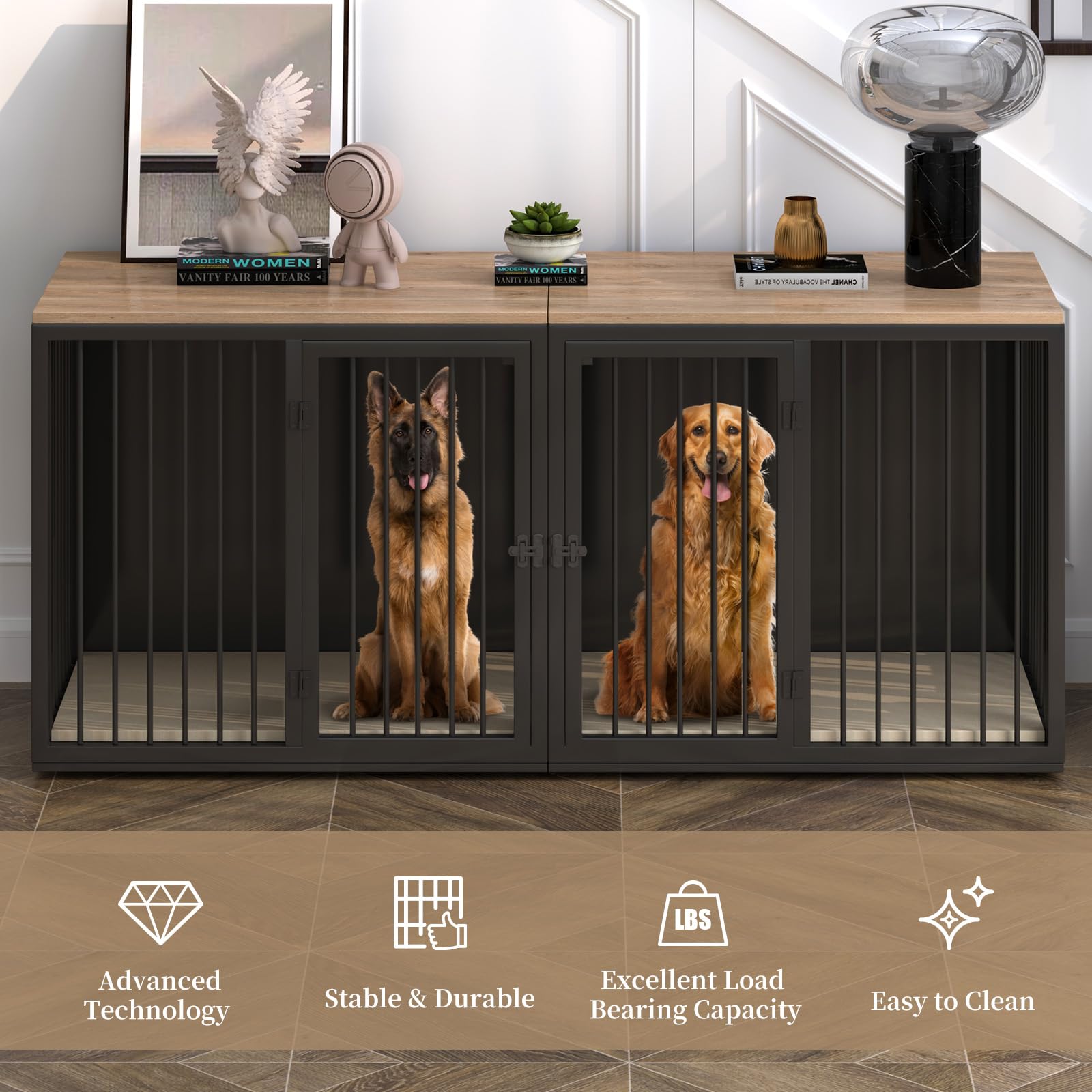 Large Dog Crate Furniture for 2 Dogs, 71.6'' Steel Frame Dog Crate with Double Doors, Heavy Sturdy Dog Kennel for Small Medium Large Dog, Indoor Double Dog Cage (Black) - WoodArtSupply