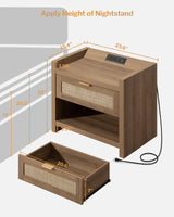 SICOTAS Night Stand Set of 2 Nightstands - Rattan Bed Side Table with Type-C Charging Station, Drawer Storage End Table - Boho Bedside Stand Night Stands for Bedroom - Natural Oak SICOTAS