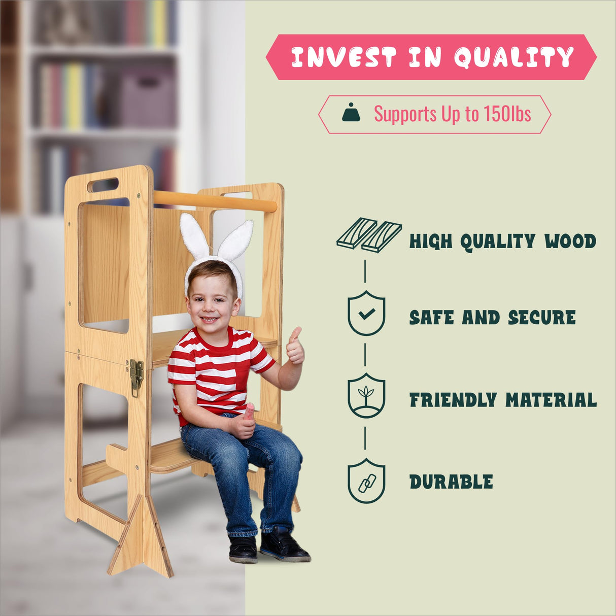 SENSUNIQ Toddler Tower, Kitchen Step Stool Helper for Kids, Wooden Montessori Learn Tower with Chalkboard, Multi-use 4 in 1 Kitchen Standing Tower, Foldable Weaning Table with Safety Rail SENSUNIQ