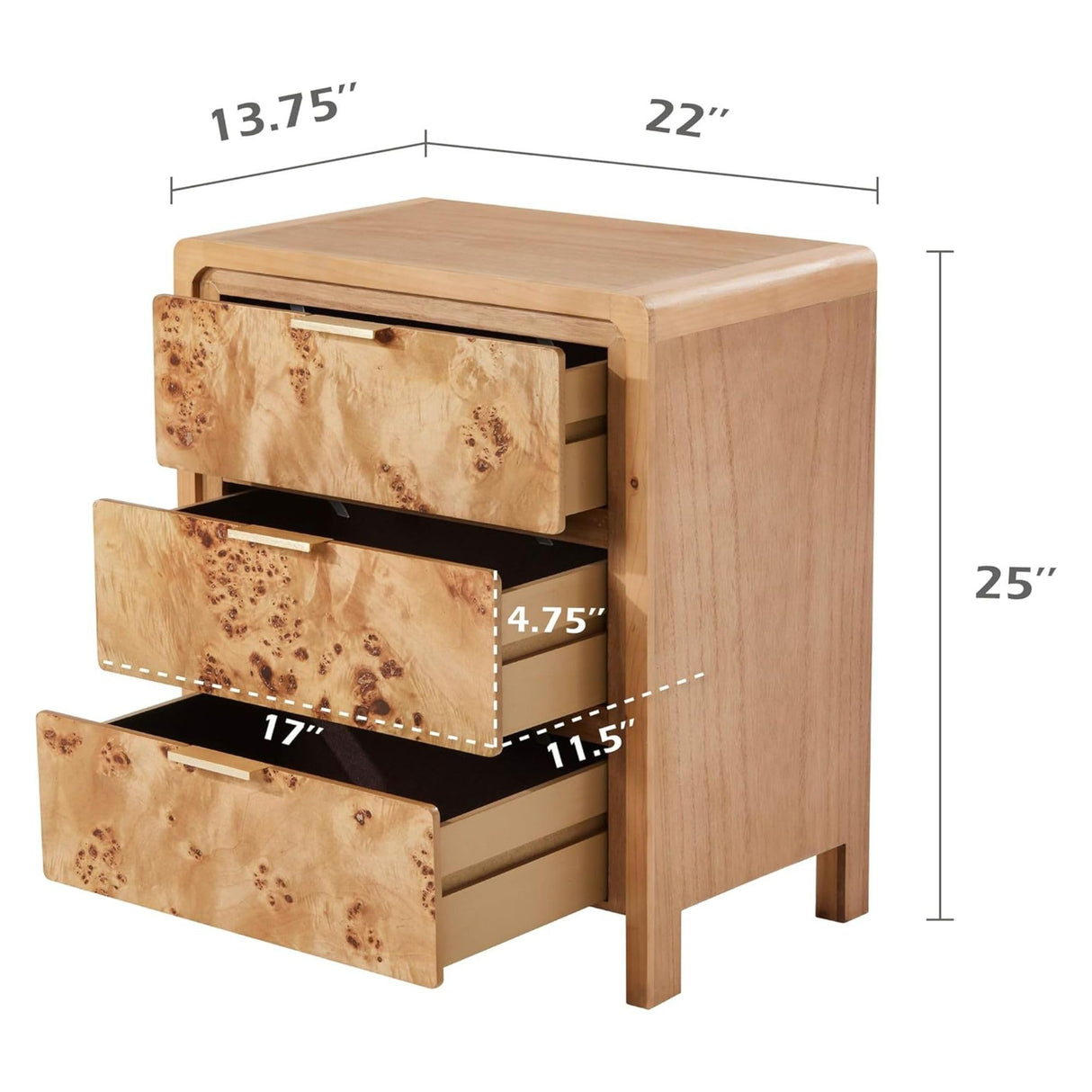 Burl Finish 3 Drawer Nightstand, Wood Rustic Farmhouse Dresser, Vintage Accent Storage Bedside Table for Bedroom Entryway, Fully Assembled, Natural COZAYH