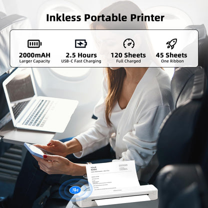 Portable Printer for iPhone iPad Laptop PC - Bluetooth Printer Supports Dual-sided Printing Letter/A4/B5/A5 Regular Paper, Wireless Printer for Home Travel Office Vehicle Word PDF Excel TxT 300DPI