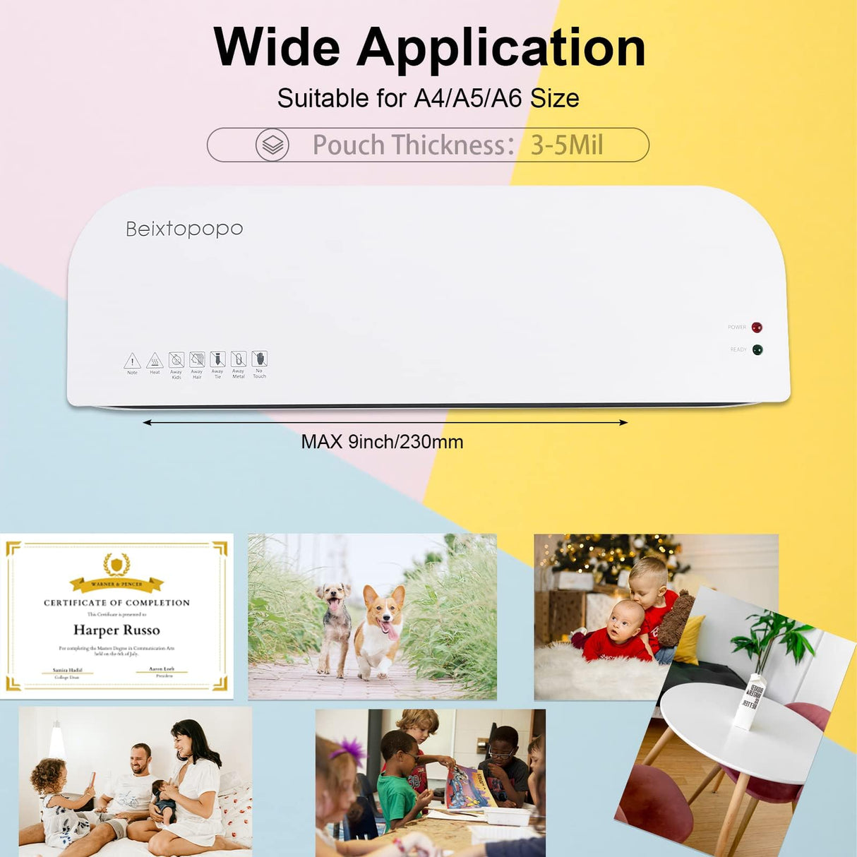 Laminator, A4 Laminater Machine, 9 Inch Thermal Laminater Machine, 4 in 1 Personal Desktop Cold Laminator with Paper Cutter and Corner Rounder 15 Laminating Pouches for Office School Business Use Beixtopopo