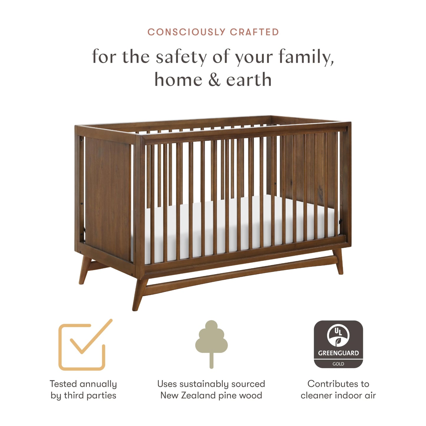 Babyletto Peggy 3-in-1 Convertible Crib with Toddler Bed Conversion Kit in Natural Walnut, Greenguard Gold Certified