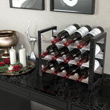 JACKCUBE Design Wine Rack Freestanding Floor 3 Tier Stackable 12 Wine Bottle Holder Storage Racks Countertop, Liquor Shelf Stand (Rustic Wood and Black Metal Frame)- MK521A J JACKCUBE DESIGN