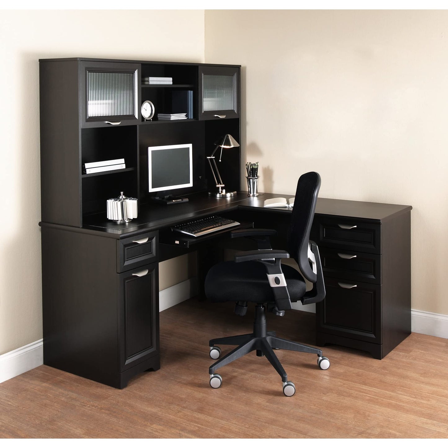 Realspace® Magellan 59"W L-Shape Corner Desk, Espresso - WoodArtSupply