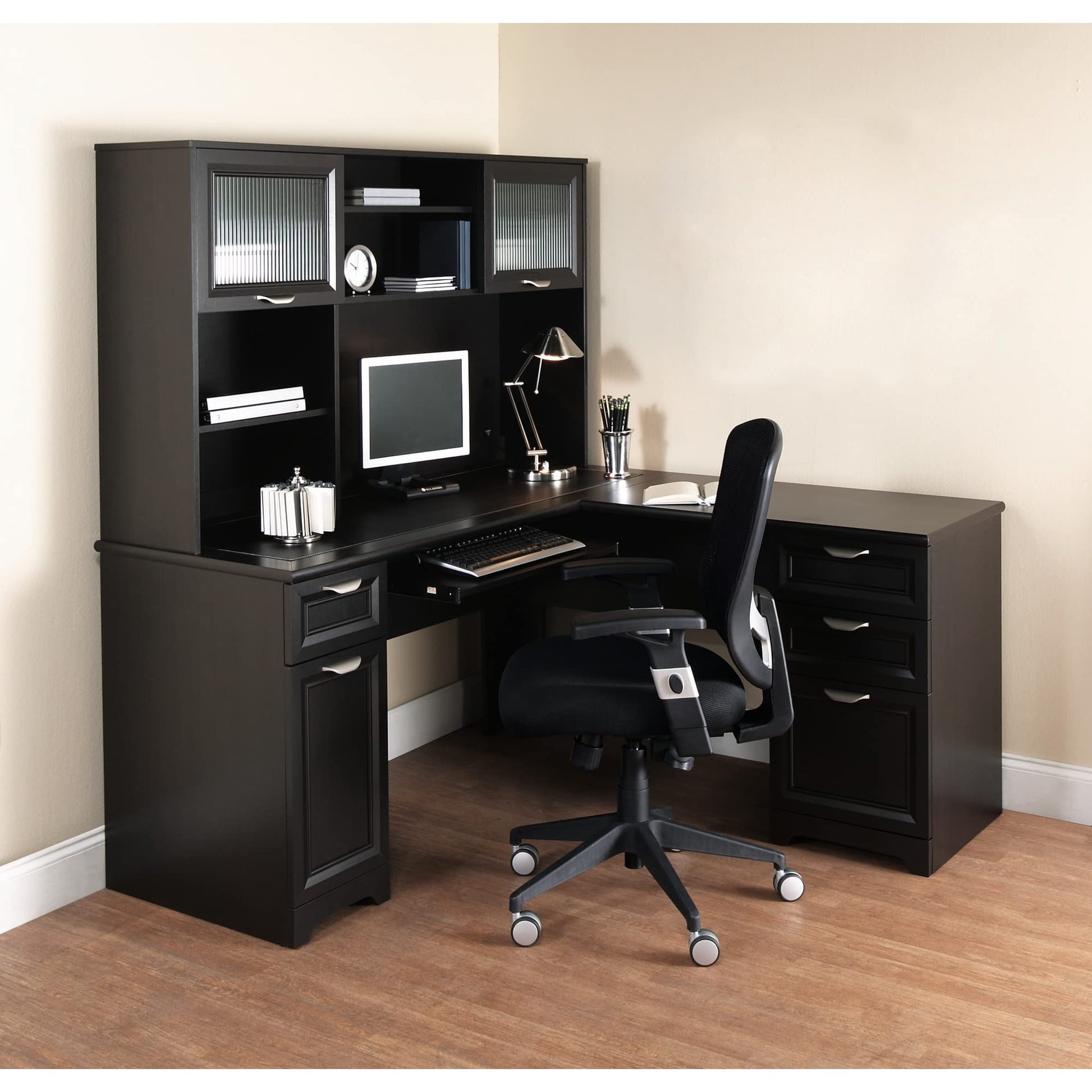 Realspace® Magellan 59"W L-Shape Corner Desk, Espresso - WoodArtSupply