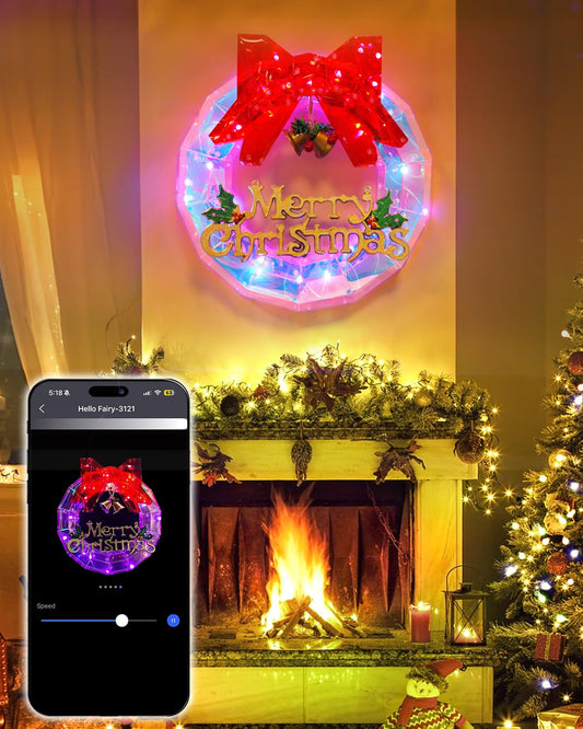 12'' Christmas Wreaths Lighted DIY Color Changing, Smart App Control Prismatic Iridescent LED Front Door Wreath Music Sync Group Control Christmas Wreath for Party Window Decorations, USB Power