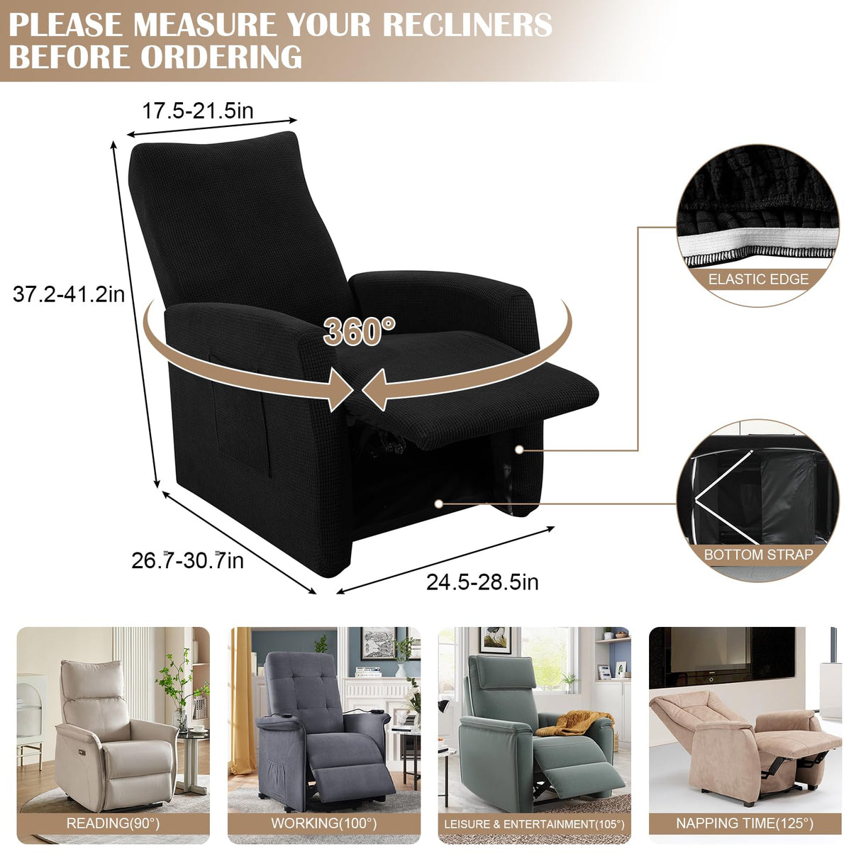 SearchI Recliner Chair Cover Jacquard Chair Covers 4 Piece, Small Recliner Sofa Slipcover for Home Theater Seating with Elastic Bottom, Recliner Protector with Pocket for Recliners, Black SearchI