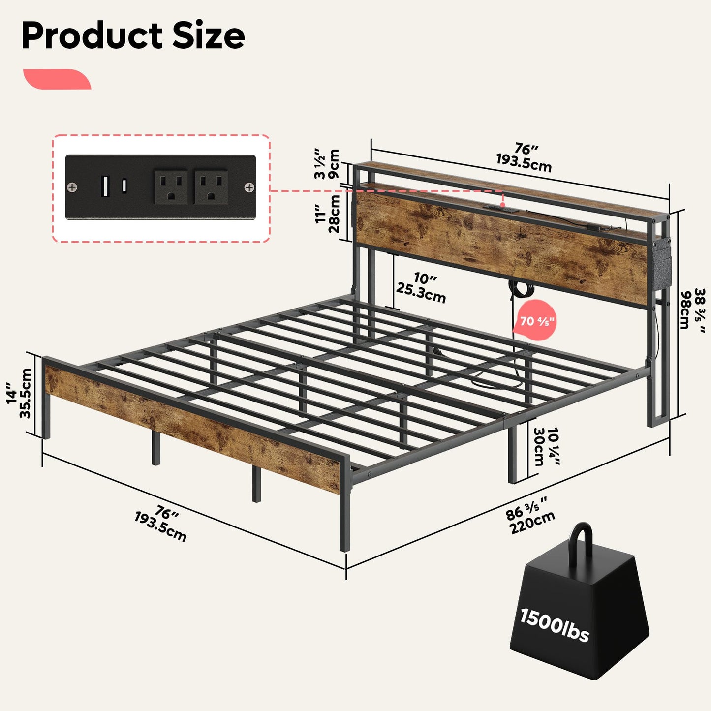 Bestier King Size Bed Frame with Headboard, Dual LED Lights, and Integrated Charging Station - WoodArtSupply