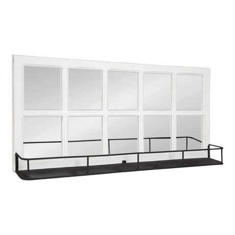 Kate and Laurel Jackson Casual Farmhouse Solid Wood 10 Windowpane Mirror with Distressed Black Metal Shelf, 40x18, Coastal White Kate and Laurel