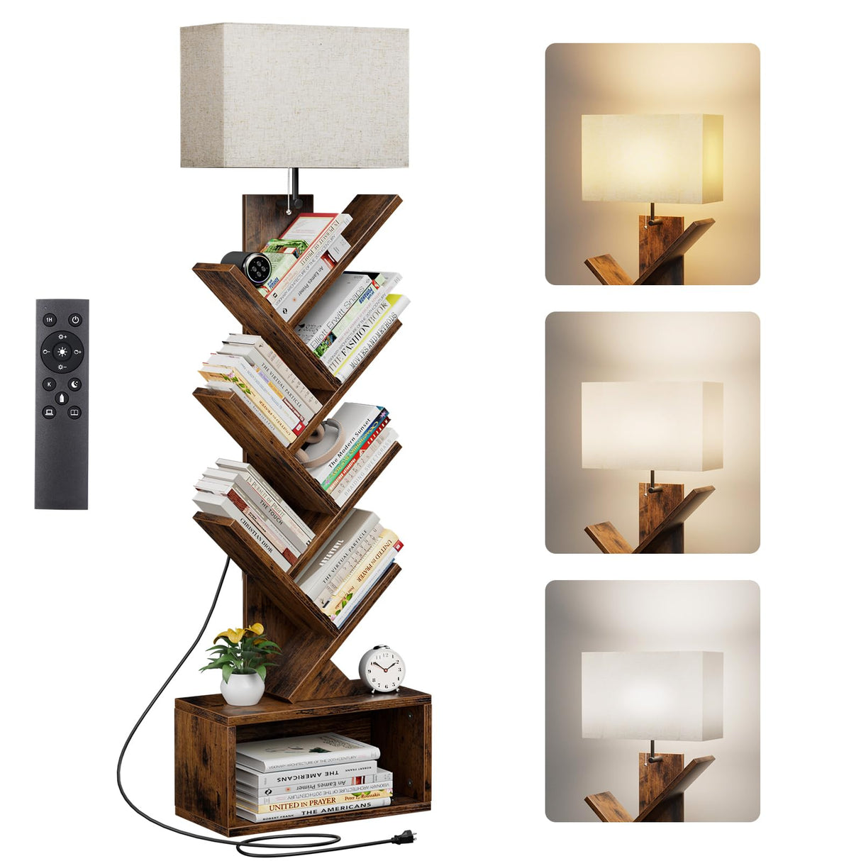Evermagin 6 Tier Tree Bookshelf with Smart Light, Small Bookcase Tower with Remote Control, Tall Floor Standing Book Organizer for Living Room, Bedroom & Home Office, Rustic Brown Evermagin