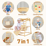FUNLIO 7-in-1 Wood Indoor Playground for Toddlers 2-5, Montessori Climbing Toys with Solid Pine Wood, Indoor Jungle Gym for Kids with Swing/Slide/Climbing Rock/Net/Ladder/Monkey Bars/Gymnastic Rings FUNLIO