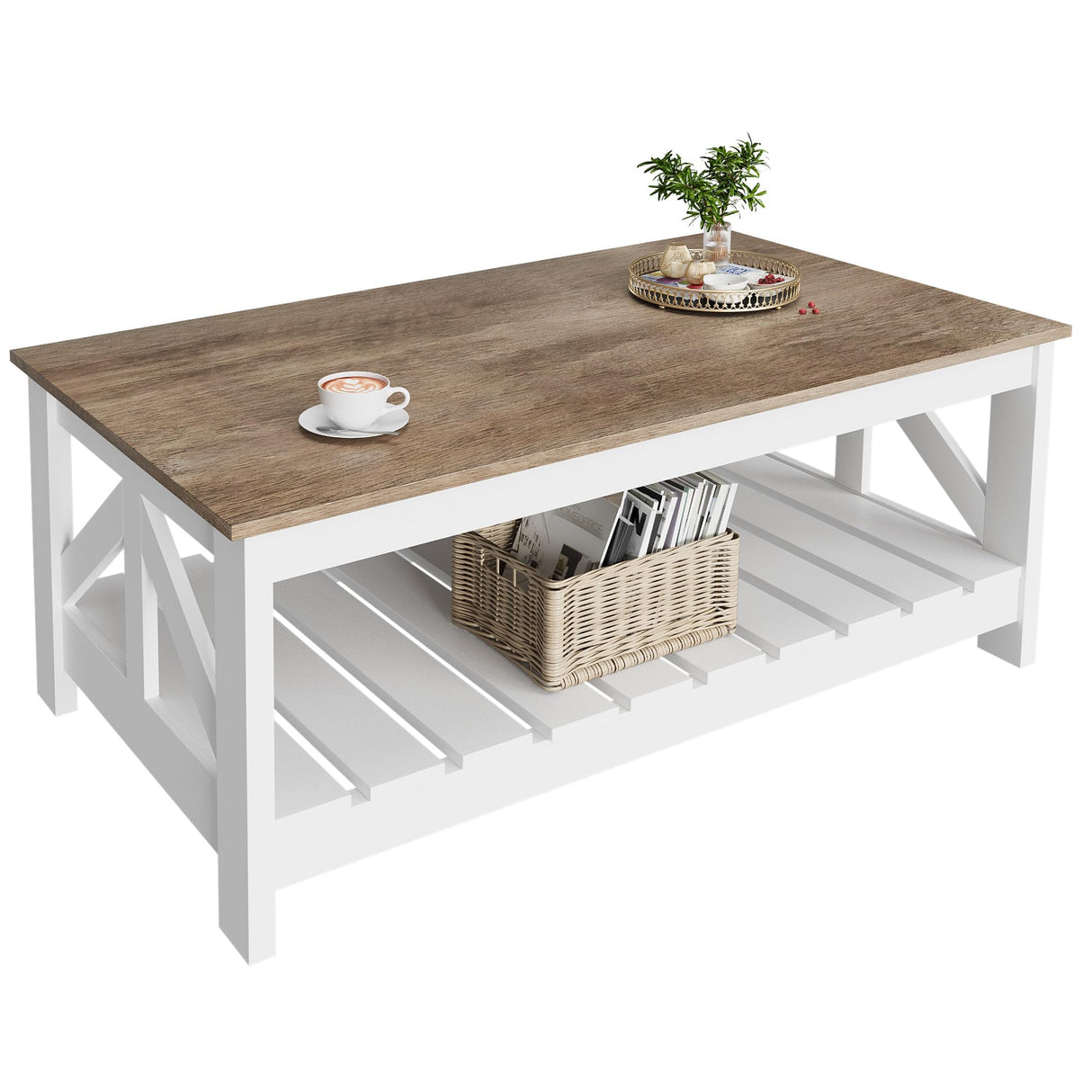 YESHOMY 39" Farmhouse Coffee Table, Coffee Tables for Living Room, Farmhouse Square Coffee Table with Storage, Couch Table, Small Tables for Small Spaces, Gray and White YESHOMY