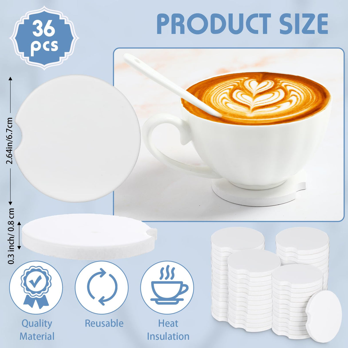 Zhehao 136 Pcs Ceramic Car Coasters with Bags and Cards 2.64'' Sublimation Coasters Blanks Ceramic Car Cup Holder Coasters with A Finger Notch for Easy Removal Car Coaster Packaging for Selling Zhehao
