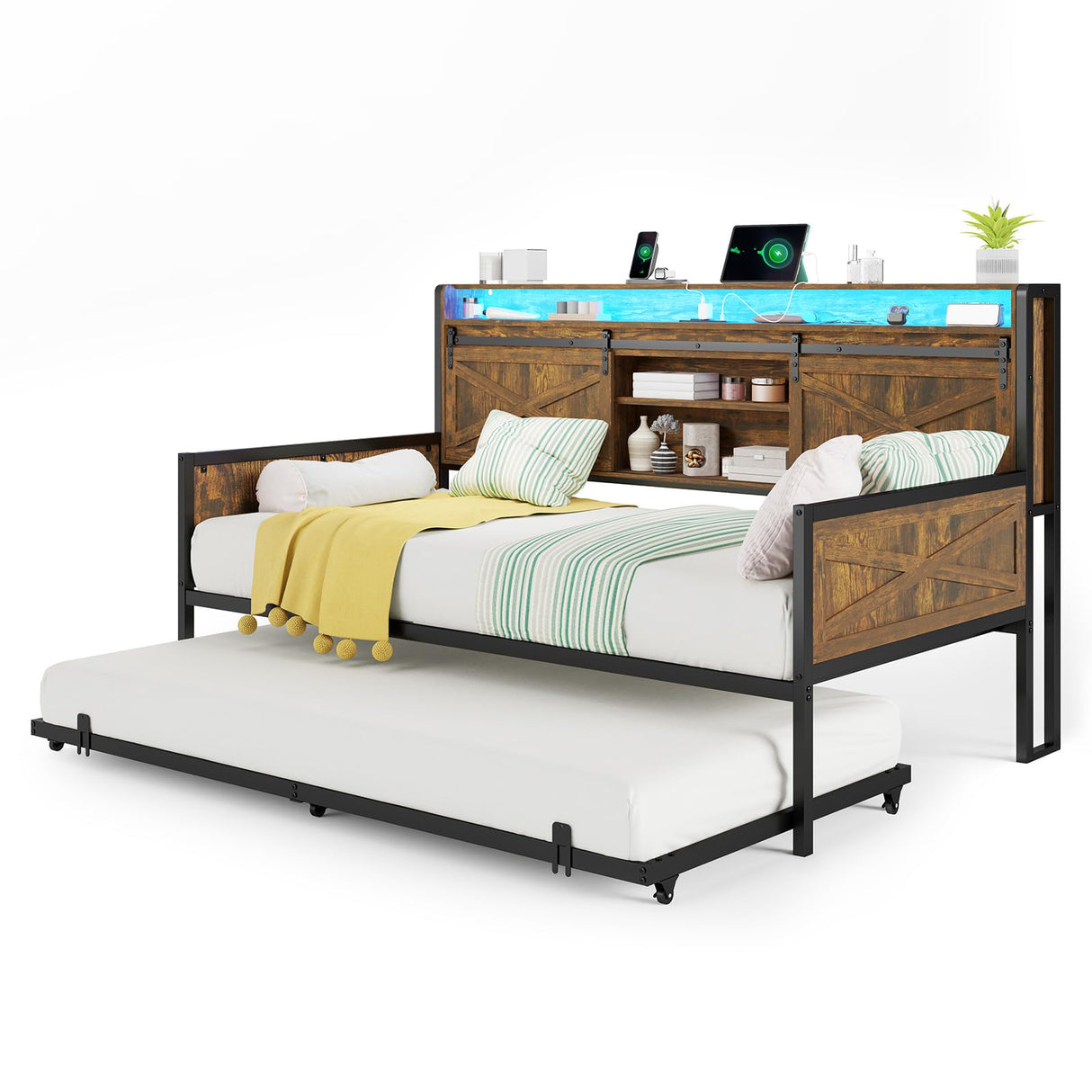 AMERLIFE Twin Daybed with Trundle, Farmhouse Daybed Frame with Sliding Barn Door Headboard and Charging Station & LED Light for Bedroom and Guest Room, Rustic Brown AMERLIFE