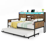 AMERLIFE Twin Daybed with Trundle, Farmhouse Daybed Frame with Sliding Barn Door Headboard and Charging Station & LED Light for Bedroom and Guest Room, Rustic Brown AMERLIFE