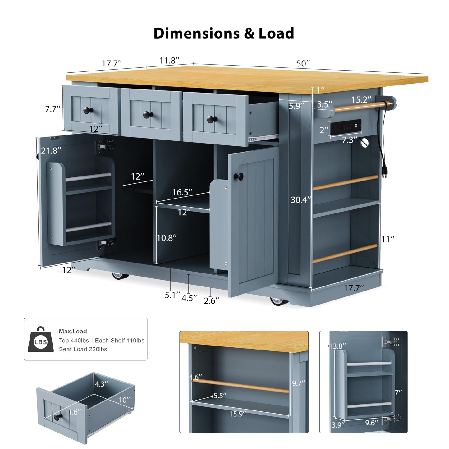 Amposei Kitchen Storage Island on Wheels with Drop Leaf & Power Outlet, Rolling Kitchen Island Cart with Open Side Racks, Door Shelves and Towel Bar, 53-Inch, Gray Blue