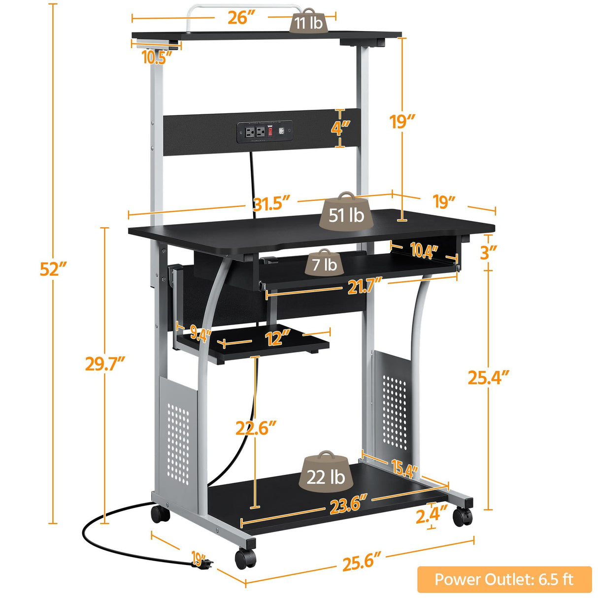 Yaheetech Mobile Home Office Desk with Power Outlet and 2 USB Charging Ports for Studying, 3 Tiers Computer Desk with Keyboard Tray and Charging Station, Rolling PC Laptop Table for Small Space, Black Yaheetech