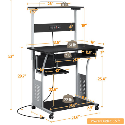 Yaheetech Mobile Home Office Desk with Power Outlet and 2 USB Charging Ports for Studying, 3 Tiers Computer Desk with Keyboard Tray and Charging Station, Rolling PC Laptop Table for Small Space, Black
