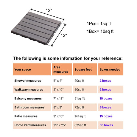 Dolonm Interlocking Solid Wood Deck Tiles, Golden Teak Wood for Flooring Tiles, for Patio Balcony Waterproof Both Indoor and Outdoor Decking Tile Gray Striped 12 x 12 x 0.7 inches Pack of 10 Dolonm