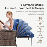 Belord Oversize Outdoor Daybed Set - Patio Recliner Loveseat with Storage Ottoman, Wicker Double Lounge Chair wth 5 Level Adjustable Backrest and 2 Retractable Table Belord