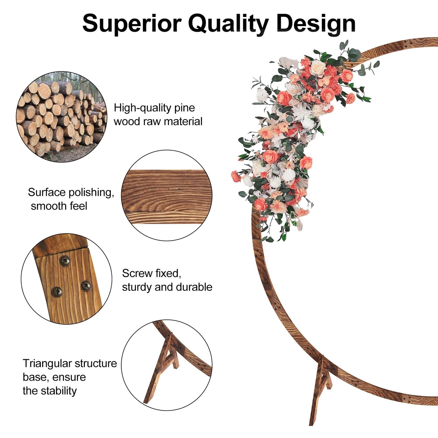 6.6FT Round Wooden Wedding Arch, Wooden Arch Backdrop with Natural Finish, Rustic Wedding Arch for Ceremony Bridal Shower Garden Decor - WoodArtSupply