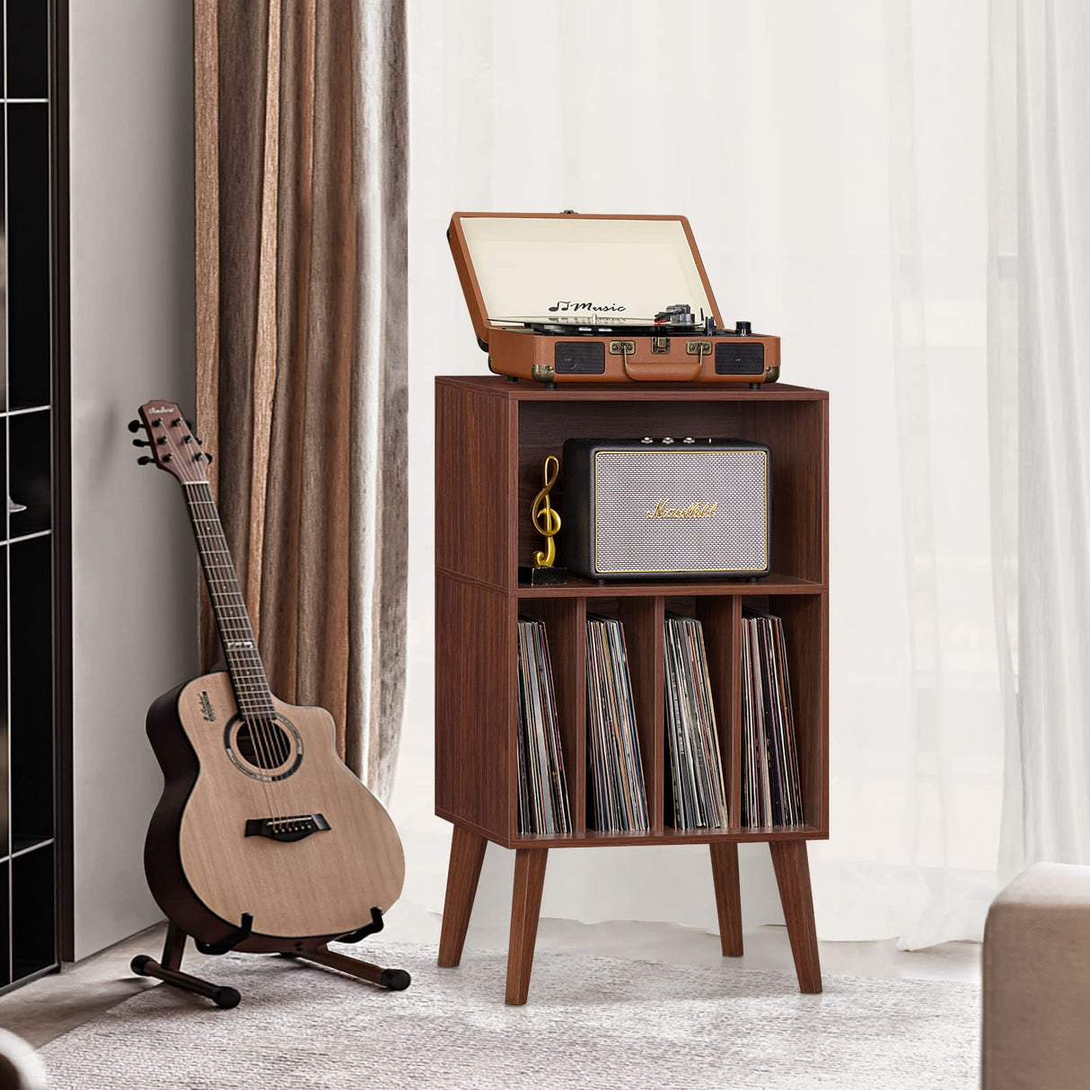 Lerliuo Record Player Stand, Walnut Turntable Stand Holds up to 160 Albums, Mid-Century Vinyl Storage Cabinet Table with Solid Wood Legs, Record Player Holder Dispaly Shelf for Bedroom Living Room Lerliuo