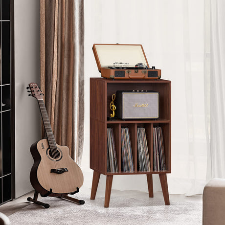 Lerliuo Record Player Stand, Walnut Turntable Stand Holds up to 160 Albums, Mid-Century Vinyl Storage Cabinet Table with Solid Wood Legs, Record Player Holder Dispaly Shelf for Bedroom Living Room Lerliuo