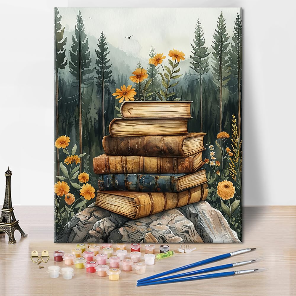 TUMOVO Paint by Numbers Kit for Adults - Forest Landscape Adults' Paint-by-Number Kits on Canvas Without Frame, Books with Flowers DIY Acrylic Painting for Home Wall Decor (16x20 Inch) TUMOVO