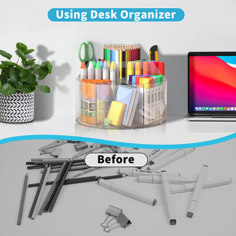 Acrylic Pen Holder for Desks, Acrylic Desk Organizer Clear, 360 Degree Pencil Holder for Desk Kids, Rotating Desk Organizer Rotating Pen Holder for Desk, Art Supply Storage Organizer 6 Compartments Wawocs