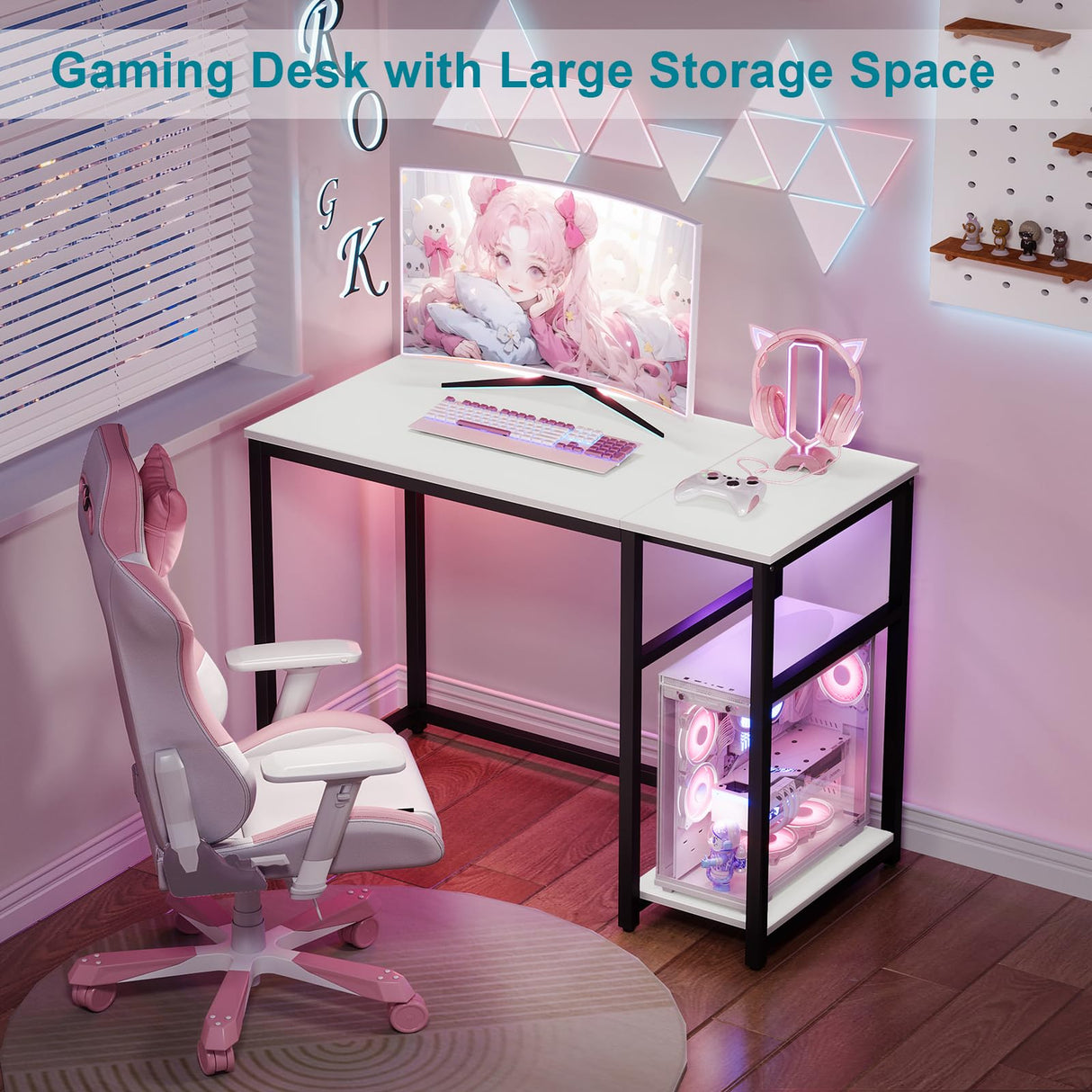 SINPAID Computer Desk 40 inches with 2-Tier Shelves Sturdy Home Office Desk with Large Storage Space Modern Gaming Desk Study Writing Laptop Table, White Desk SINPAID