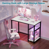 SINPAID Computer Desk 40 inches with 2-Tier Shelves Sturdy Home Office Desk with Large Storage Space Modern Gaming Desk Study Writing Laptop Table, White Desk SINPAID