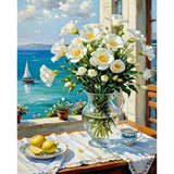 Paint by Numbers Kit for Adults - White Flower in Glass Vase Adult Paint by Number Kits on Canvas for Beginner, Sea DIY Acrylic Oil Number Painting for Adults, Perfect for Home Decor Gift 16x20 Inch GEEHEIY