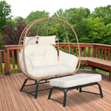 Nevsokio Double Wicker Outdoor Egg Chair,Lounge Chair with Ottoman,Oversized Patio Chair with Footrests,Cushions, Outdoor Indoor Rattan Chair (Rope, White) Nevsokio