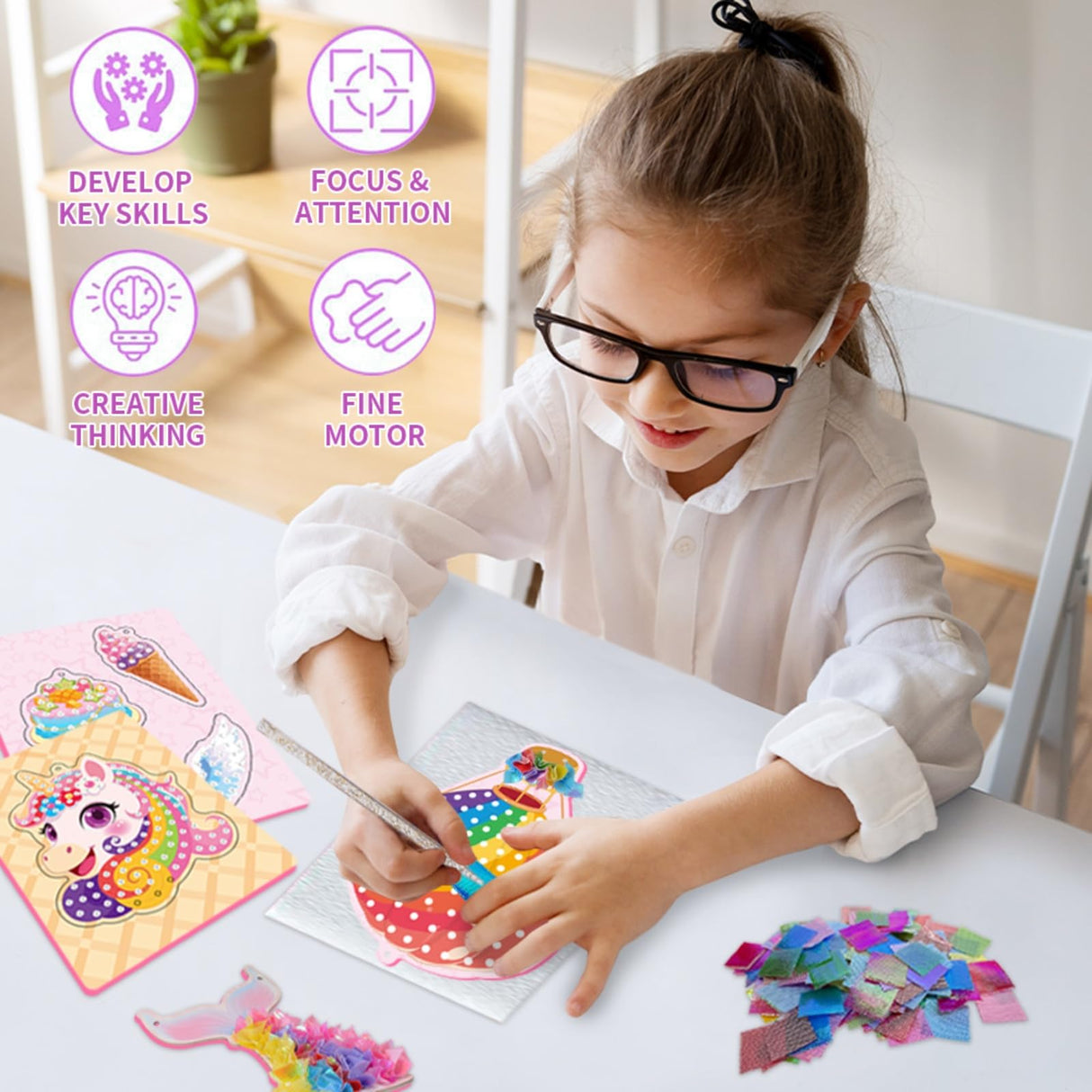 Ancitoy Unicorn Poke Art Kit for Girls, DIY Wind Chime Craft Activity, Mess-Free Art Gifts for Kids Ages 4 5 6 7 8 9 10 Birthday Present Ancitoy