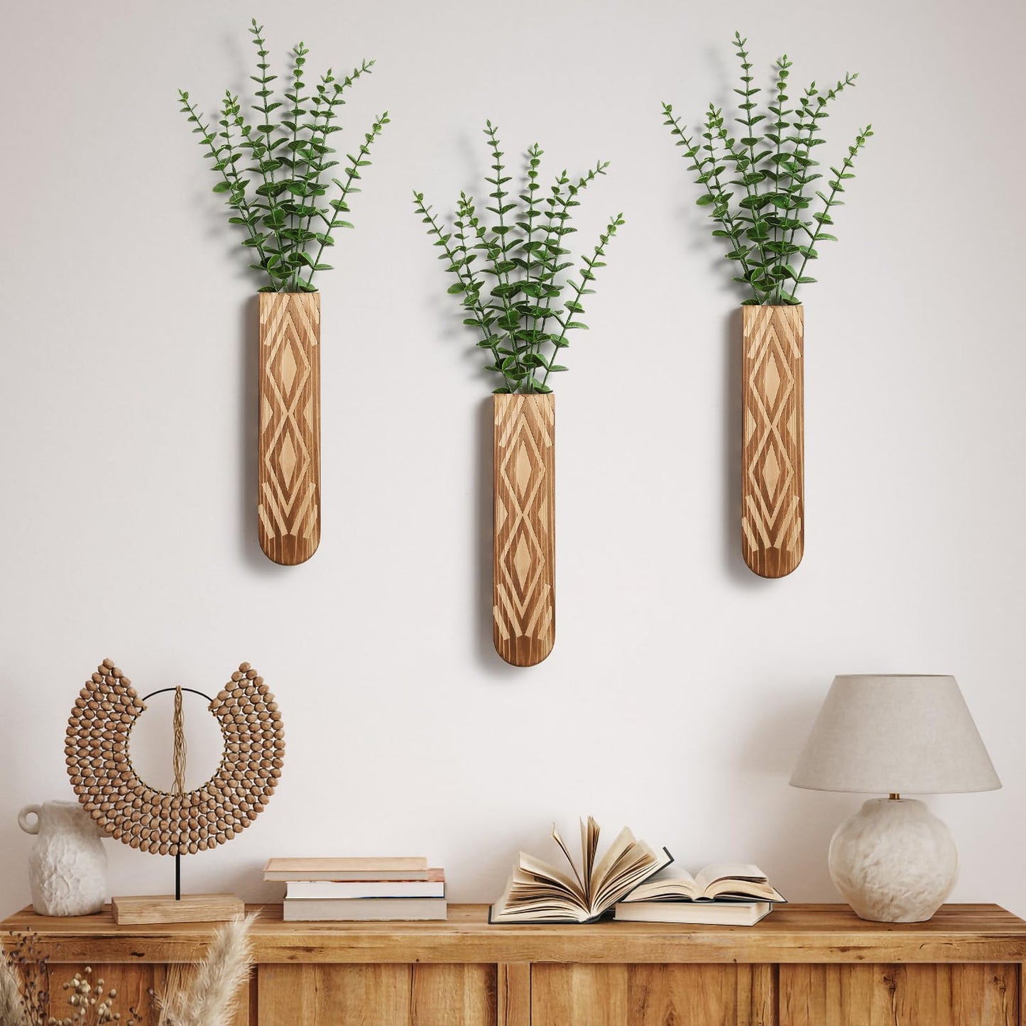 WEWEOW Wall Planter, Geometric Pattern Wall Vase for Living Room and Farmhouse Wall Decor, 3 Pack Hanging Planter for Holding Dried Flowers and Faux Greenery, Modern Wood Planter