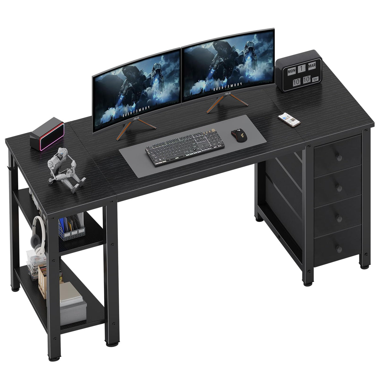 Lufeiya Gaming Desk with 4 Fabric Drawers & Storage Shelves, 55 inch Computer Writing Work Study Desk for Home Office Bedroom, Modern Simple Student PC Desks Table, Black Lufeiya