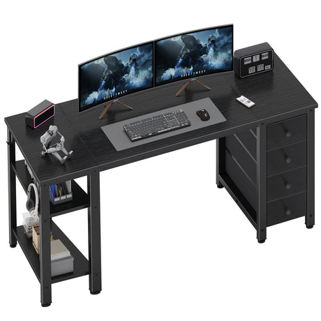 Lufeiya Gaming Desk with 4 Fabric Drawers & Storage Shelves, 55 inch Computer Writing Work Study Desk for Home Office Bedroom, Modern Simple Student PC Desks Table, Black Lufeiya