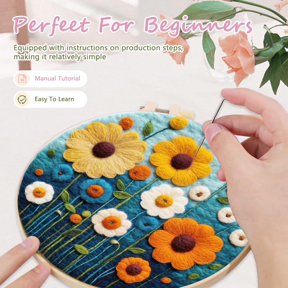yesJRL Needle Felting Kits Beginners, Natural Landscape DIY Wool Needle Felting Starter Kit, Floral Needle Felt Set with Foam Pad, Felt Cloth and Instructions, Used for Home Decoration (Blue) yesJRL