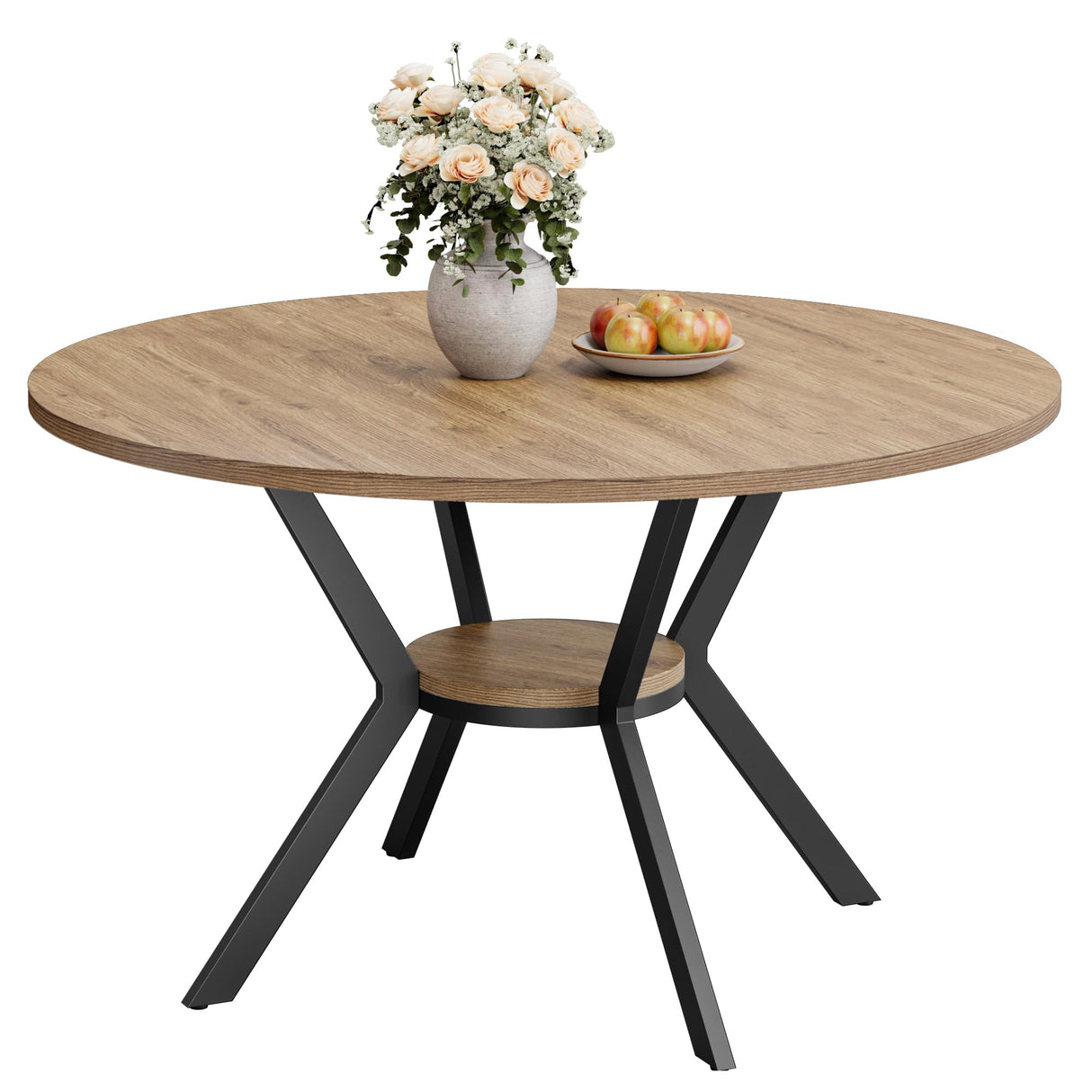 MECHYIN Round Dining Table for 4, 42 Inch Farmhouse Kitchen Table with Storage, Rustic Wooden Circle Dinner Pedestal Table with Metal Legs, Space Saving Kitchen & Dining Room Furniture, Natural Wood MECHYIN