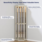 Trygoal Lighted 3-Side Glass Display Curio Cabinet, Corner China Cabinet with Tempered Glass Doors, Wooden Display Case with Light Bulb for Living Room, Antique White Trygoal